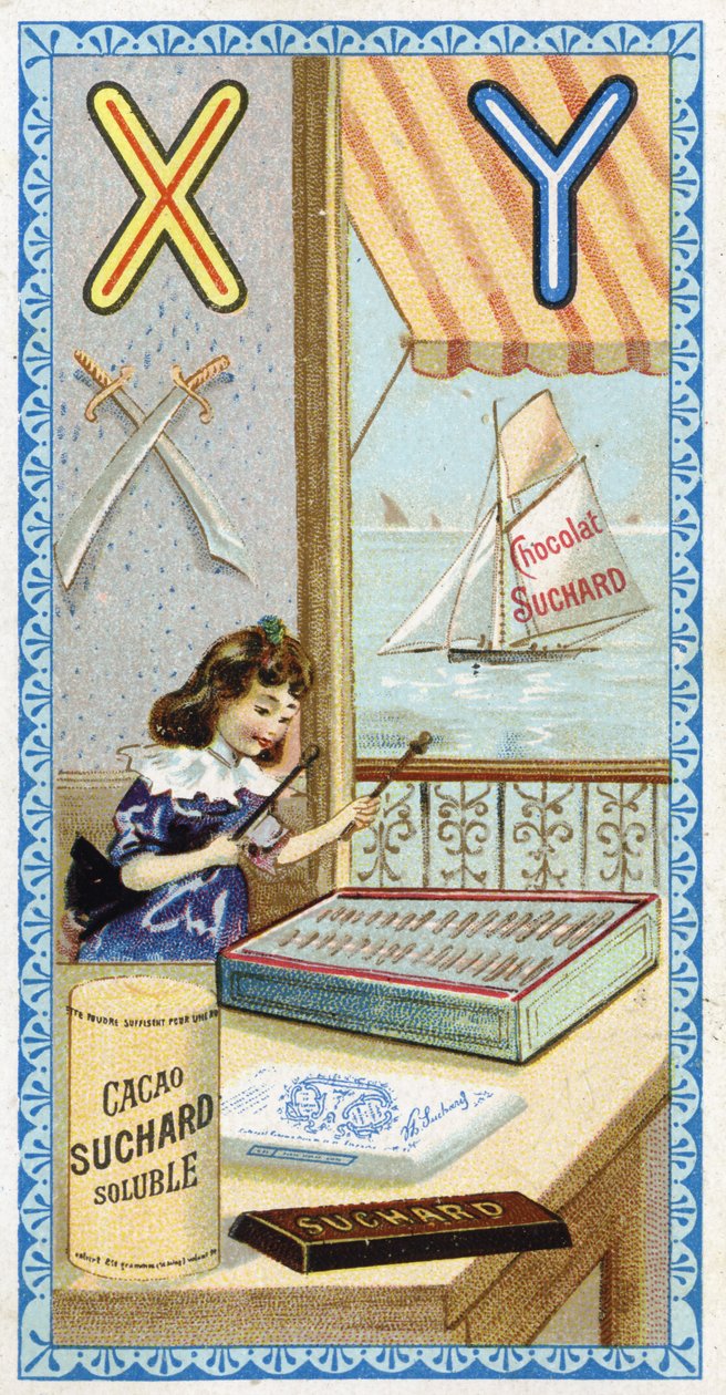 Buchstabe X: Xylophonist und Y: Yatagan, Yacht. Gravur des Alphabets herausgegeben von Chocolat Suchard, Anfang des 20. Jahrhunderts. 24 Chromolithografien. von Unbekannt