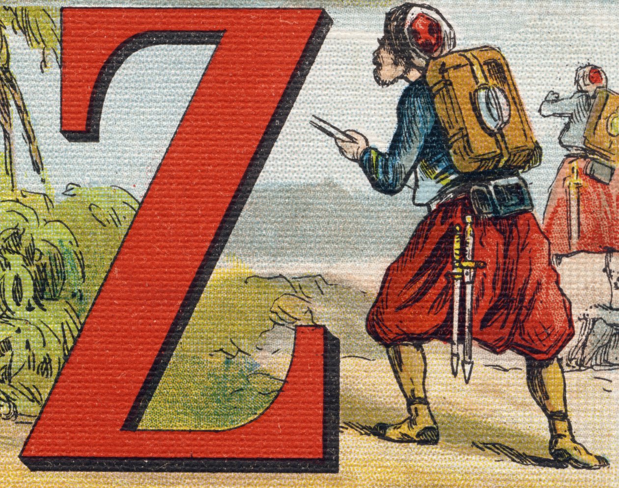 Buchstabe Z: Zouave. Gravur in "Alphabet de ma petite fille". Bernardin-Bechet und Fils, Buchhändler-Verleger, Paris, um 1895. Unzerbrechliches Album auf Leinwand. Bibliotheque des Bebes. 12 Seiten. Album mit einer Lesemethode und einem illustrierten Abece von Unbekannt