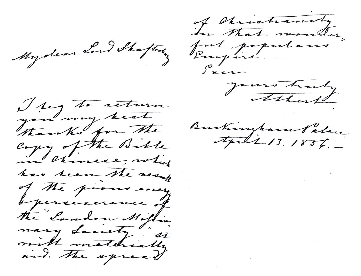 Brief von Albert, Prinzgemahl, an Anthony Ashley-Cooper, Earl of Shaftesbury, in dem er sich für eine Bibel in chinesischer Sprache bedankt, geschrieben aus dem Buckingham Palace von Unbekannt