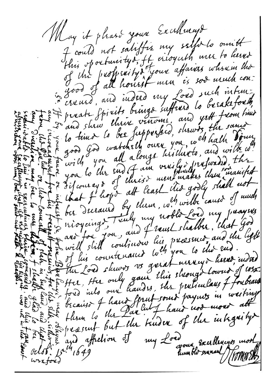Brief von Oliver Cromwell an Lord Fairfax, um ihm zu seinem Wohlstand zu gratulieren und die Eroberung von Wexford, Irland, anzukündigen von Unbekannt