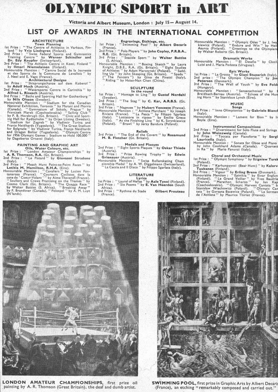 Liste der Preisträger für Architektur, Kunst, Skulptur, Literatur, Drama und Musik bei den Olympischen Spielen 1948 in London (Lithografie) von Unbekannt