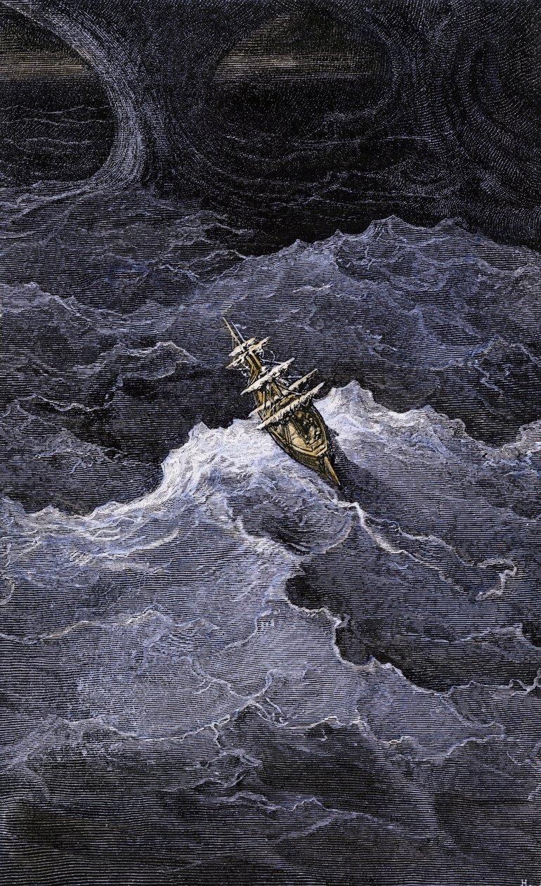 Literatur: Boot in der Mitte des Meeres. Illustration des Romans von Samuel Taylor Coleridge (1772-1834) „Rime of the Ancient Mariner“. Farbgravur nach einer Illustration von Gustave Doré von Unbekannter Künstler