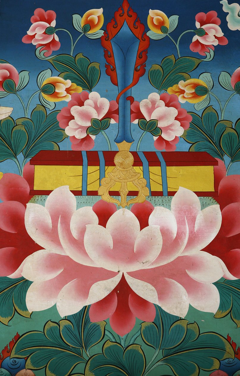 Lotusblume, Schwert des Wissens und heilige Schrift. Kopan-Kloster, Kathmandu, Nepal von Unbekannt