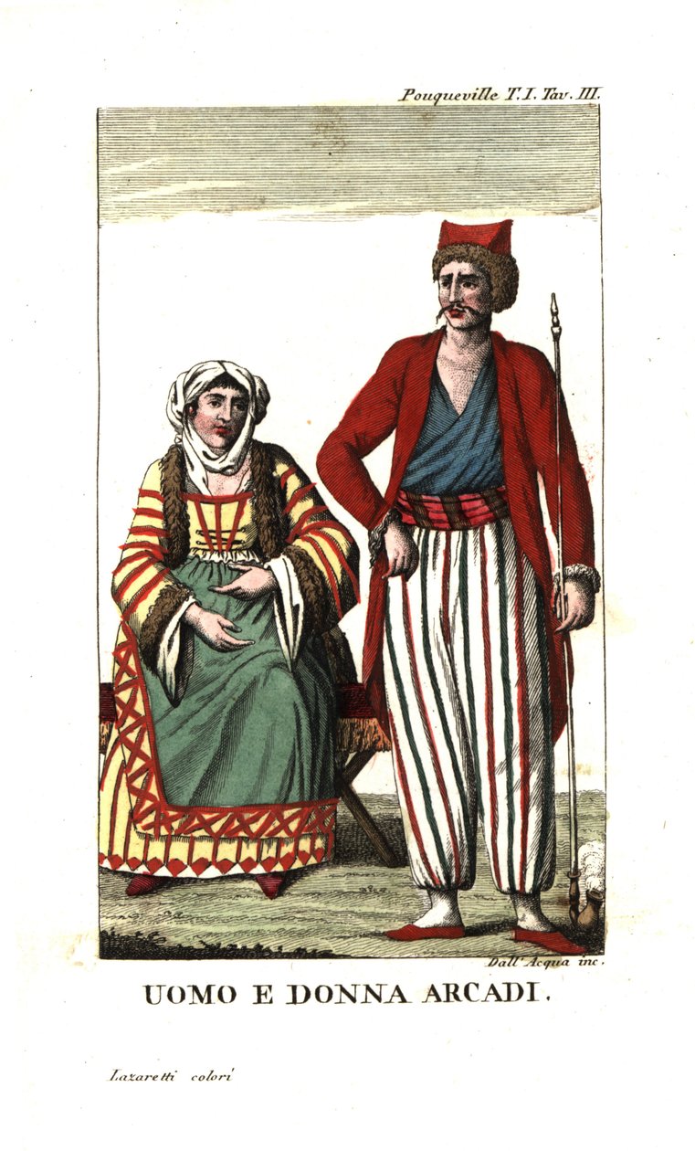 Mann und Frau aus Arkadien, Peloponnes, Griechenland. Illustration aus Francois Pouquevilles Reisen durch Morea, Albanien und mehrere andere Teile des Osmanischen Reiches von Unbekannter Künstler