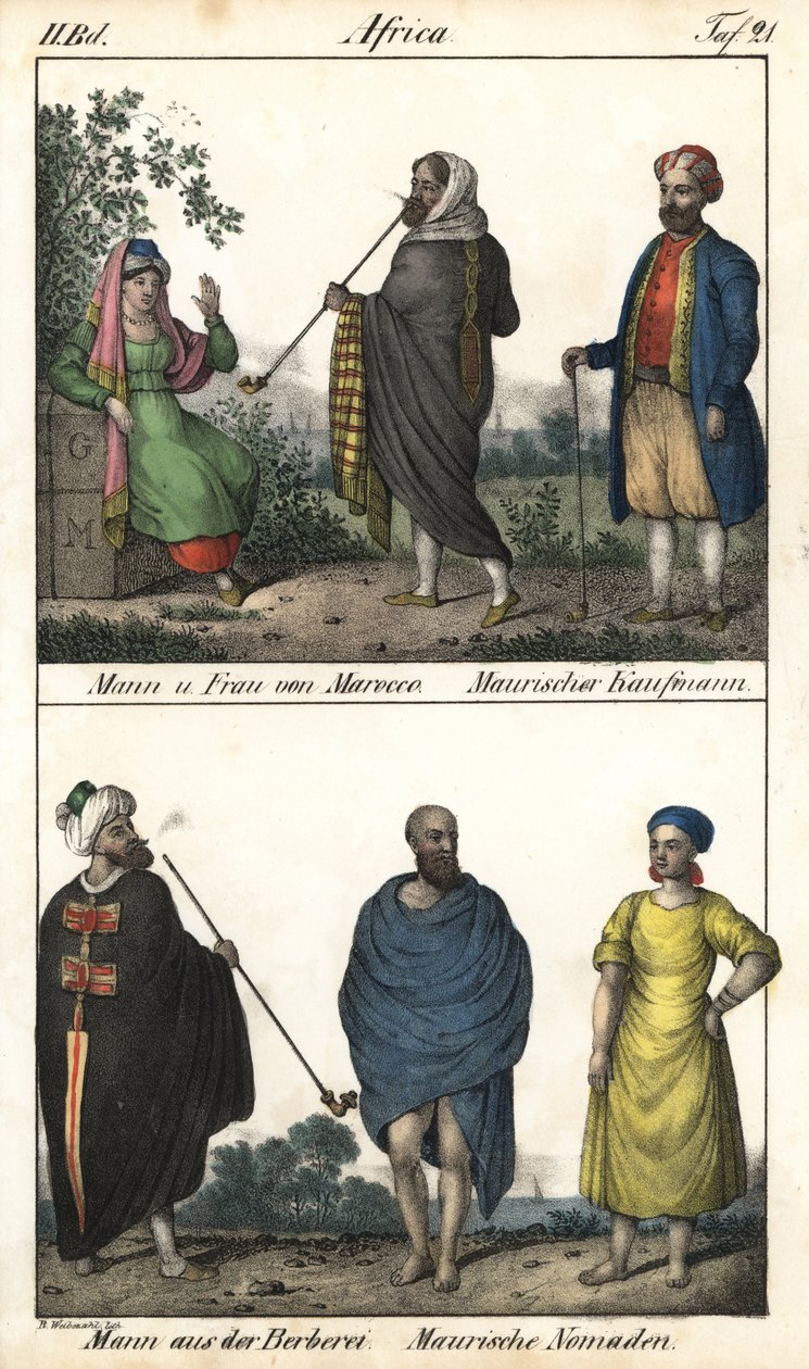 Mann und Frau aus Marokko, ein maurischer Händler oben und ein Paar Marokkaner, ein maurischer Händler und unten ein Berbermann im Mantel und ein Paar maurische Nomaden. Lithographie aus dem Buch: „Galerie complète en tableaux fidèles des peuples d