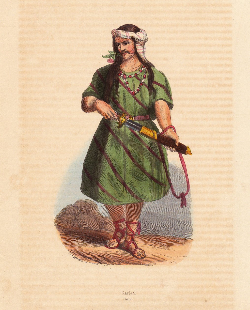 Mann des Karen-Stammes (Karene oder Karyang) (Burma, Myanmar) - Mann des Karen-Stammes aus dem Süden Burmas - Handkolorierter Holzschnitt aus „Mores, Uses et Costumes de tous les Peoples du Monde, Asie“ von Auguste Wahlen, Pseudonym von Jean Francois Nicol von Unbekannter Künstler