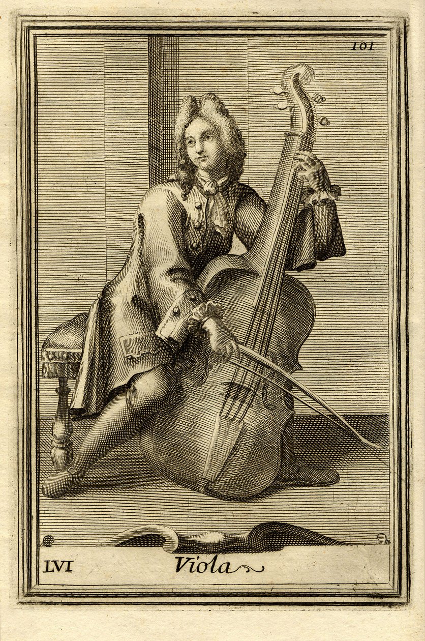 Mann spielt Cello (oder Viola). In Gabinetto Armonico von Filippo Bonanni, Rom von Unbekannter Künstler