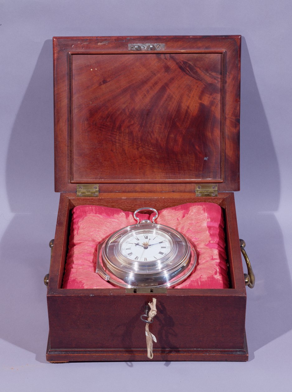 Marineuhr in silbernem Doppelfutteral, liegend auf Kissen in Mahagonitragekoffer, von John Harrison und Sohn von Unbekannt