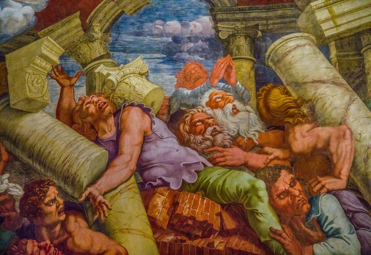 Berühmtestes Fresko des Manierismus: Giulio Romanos Illusion erfindet eine Kuppel und löst die Architektur des Raumes in den Fall der Giganten auf, Saal der Giganten von Unbekannter Künstler