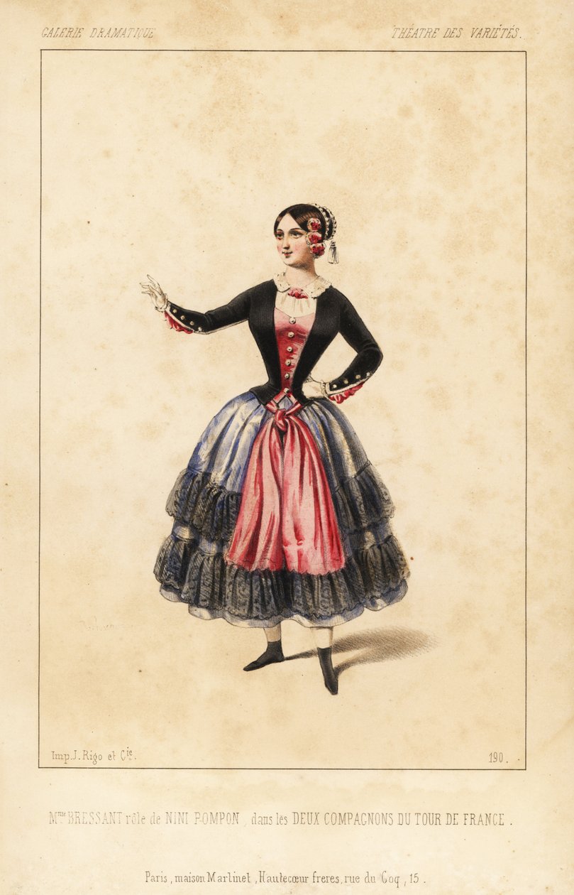 Mrs. Elisabeth Augustine Bressant als Nini Pompon in les Deux Compagnons du Tour de France von Lockroy und Wailly, Theatre des Varietes von Unbekannter Künstler