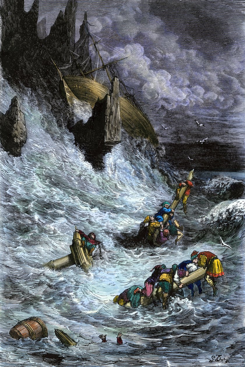 Mythen und Legenden: Sindbad und seine Gefährten nach den 1001 Nächten. Farbige Gravur von Gustave Doré. von Unbekannter Künstler