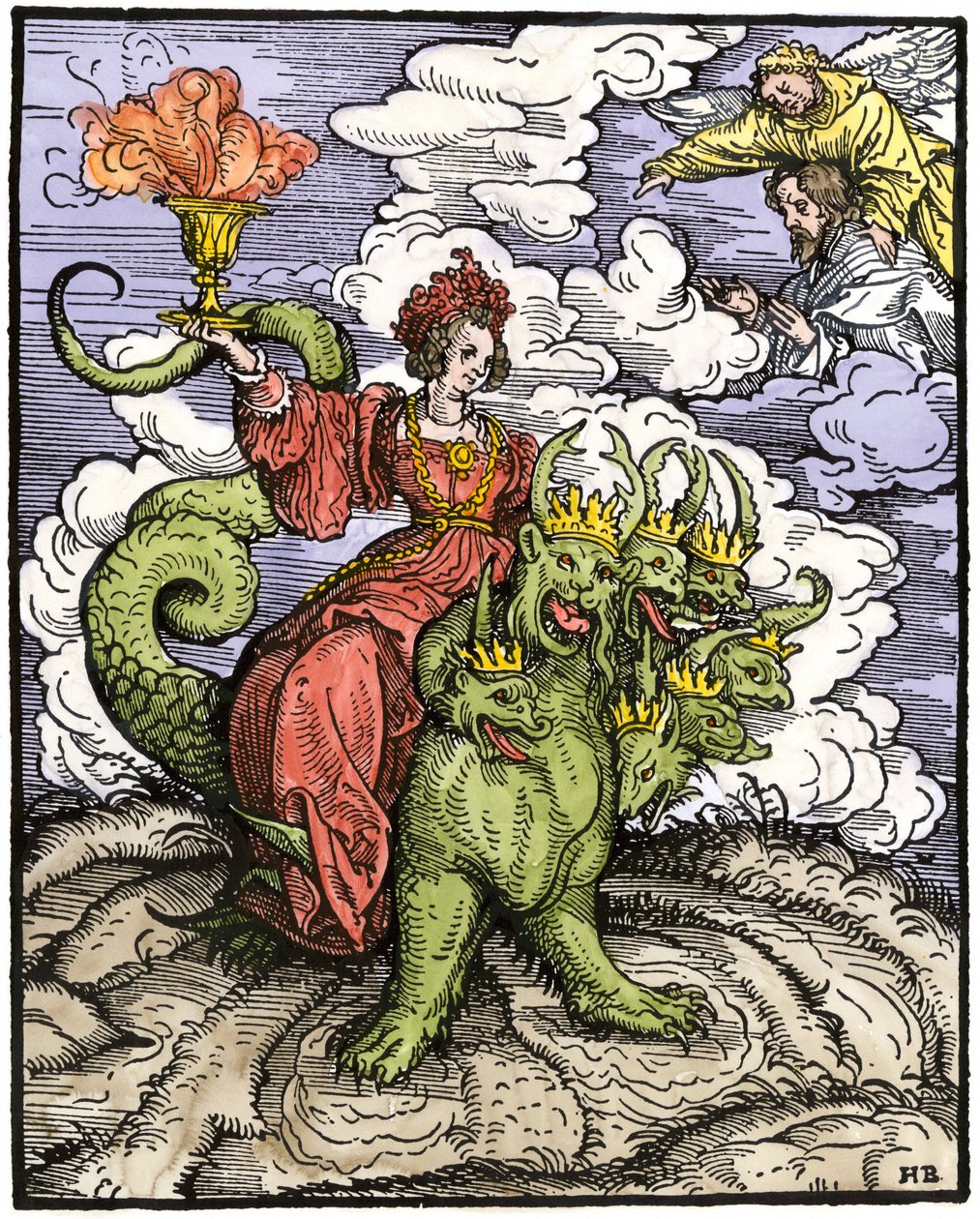 Mythen und Legenden: Die große Hure von Babylon reitet auf dem siebenköpfigen Drachen. Farbige Gravur aus dem Neuen Testament, gedruckt in Augsburg. von Unbekannter Künstler