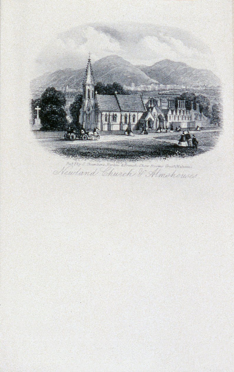 Newland Kirche und Armenhäuser, Worcestershire (Gravur) von Unbekannt