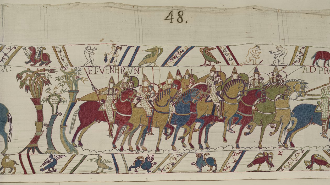 Normannische Soldaten verlassen Hastings, um gegen Harold zu kämpfen, Teppich von Bayeux (Wollstickerei auf Leinen) von Unbekannt