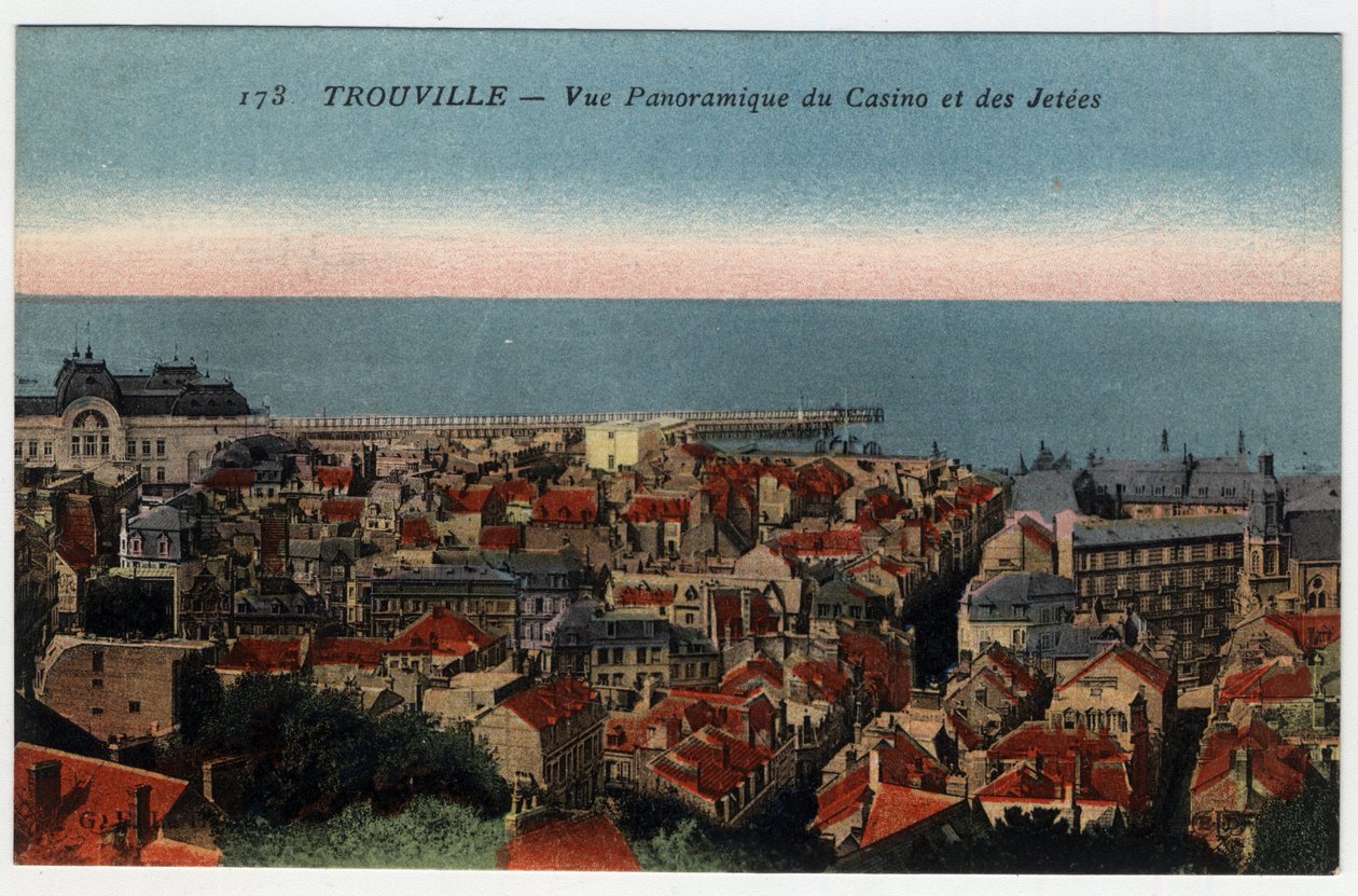 Normandie, Calvados (14), Trouville: Panoramablick auf das Casino und die Molen - Postkarte Ende 19. Anfang 20. Jahrhundert von William M. Timlin