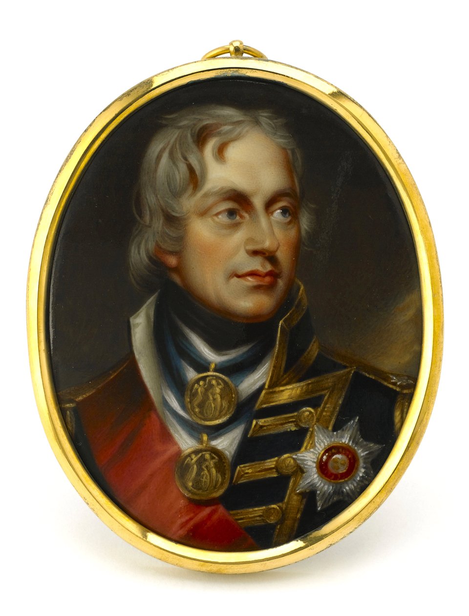 Miniaturgemälde, das Vizeadmiral Horatio Nelson (1758-1805) darstellt. Montiert auf einem Kupfer- und Emaille-Anhänger, frühes 19. Jahrhundert, Porträt von Henry Pierce Bone (1779-1855) von Unbekannter Künstler