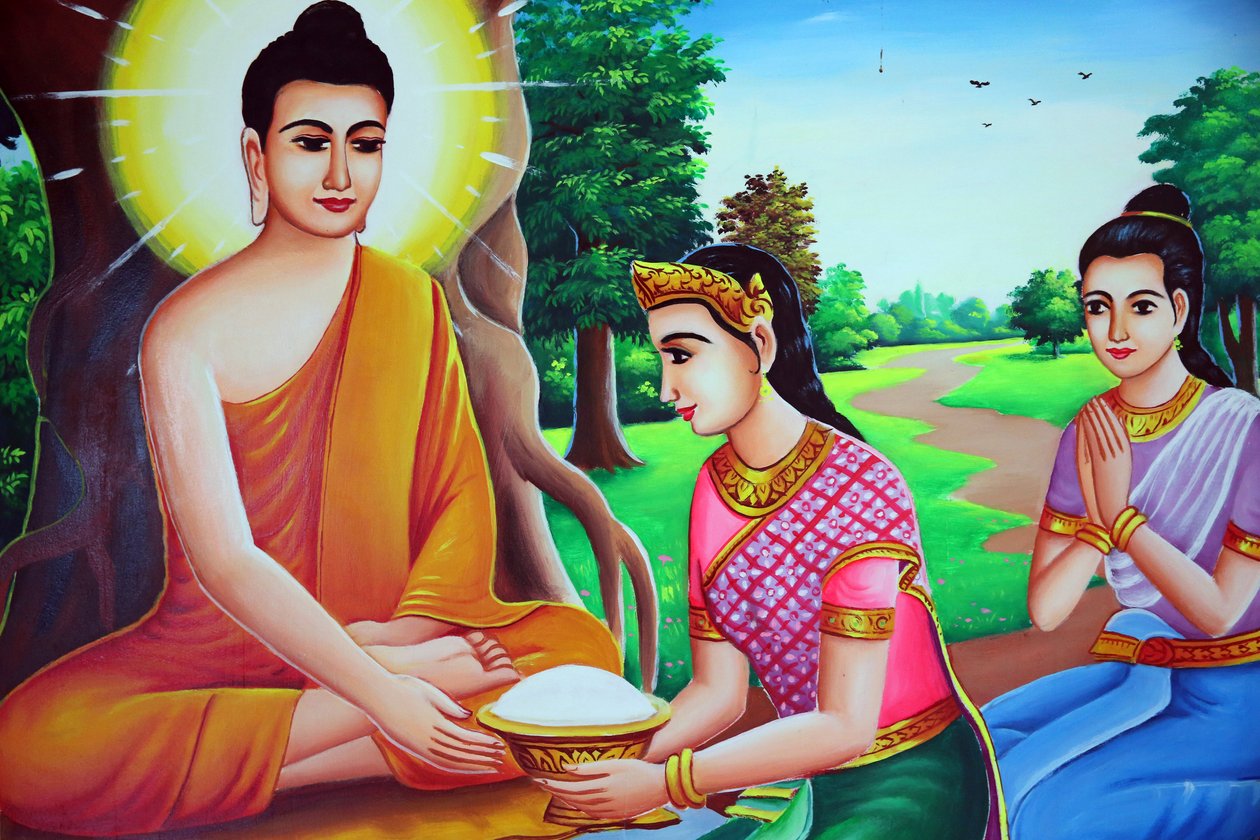 Gemälde, das Buddha beim Empfang von Opfergaben darstellt. Kambodscha von Unbekannt