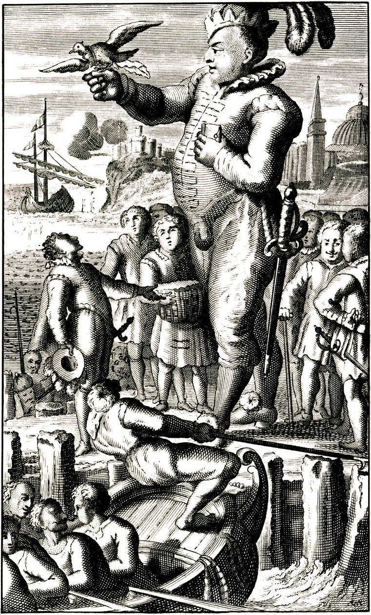Pantagruel sendet Nachrichten an Gargantua mittels einer Brieftaube (Rabelais) von Alec Hunter