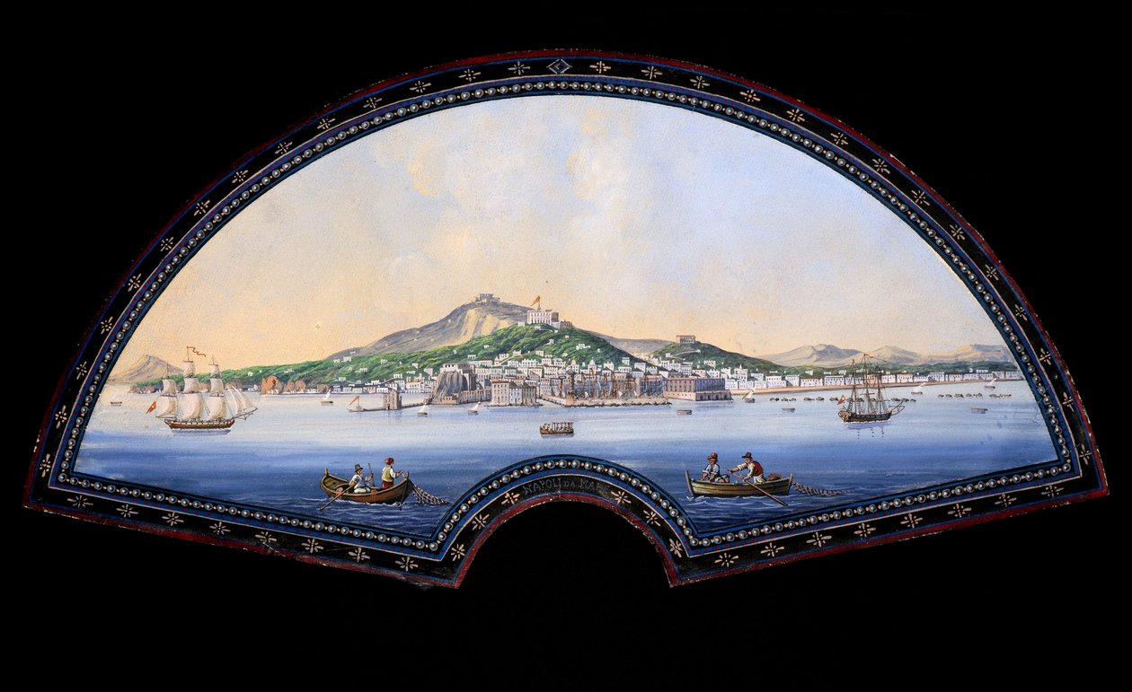 Papierfächer-Modell mit einer Gouache-Malerei, die die Reiseziele der Grand Tour darstellt, normalerweise eine praktische Reise von Künstlern und Intellektuellen des 18. und 19. Jahrhunderts in die Mittelmeerländer während ihrer Jugend zur Bildung und Bere von Unbekannt