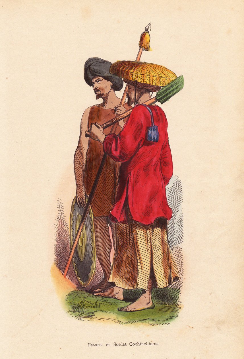 Bauer und Soldat aus Cochinchina (Vietnam) - Männer aus Vietnam (Cochinchina): Soldat mit Turban, Schild und Speer und Bauer mit Strohhut, Tunika und Schaufel - Handkolorierter Holzschnitt von Mercier aus „Moeurs, Uses et Costumes de tous les Peuples du Mo von Unbekannter Künstler