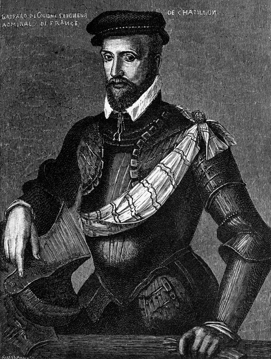Porträt von Gaspard de Coligny, Seigneur de Chatillon (1519-1572), französischer Edelmann, Admiral und Hugenottenführer in den französischen Religionskriegen, Gravur von William M. Timlin