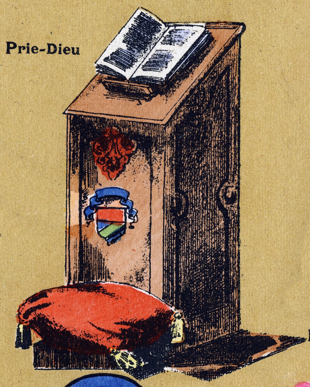 Betet zu Gott. Illustriertes Alphabet. Bildereien vereint in Jarville-Nancy, Anfang des 20. Jahrhunderts. Dim: 40 x 29 cm. Lithographie auf bistre Hintergrund von Unbekannt