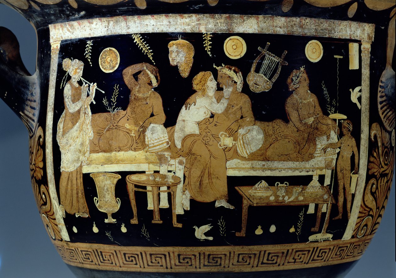 Rot-weiße Figur Calyx-Krater: Detail, das eine Bankettszene darstellt, Griechisch von Unbekannt