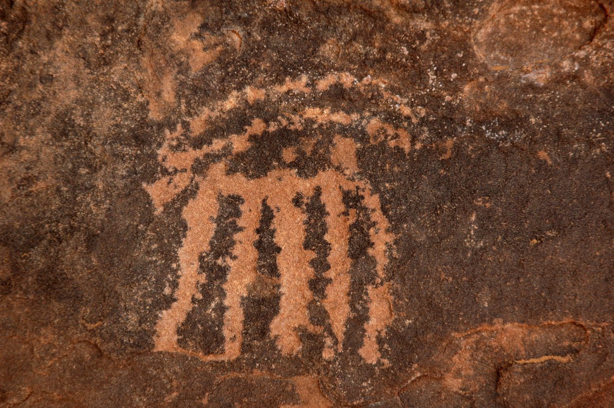 Felskunst, Vorgeschichte: Gravur einer Oryx-Antilope im Uweinat-Massiv, Ägypten. (Zeitraum von 8000 bis 3000 Jahre v. Chr.). Fotografie von Unbekannt