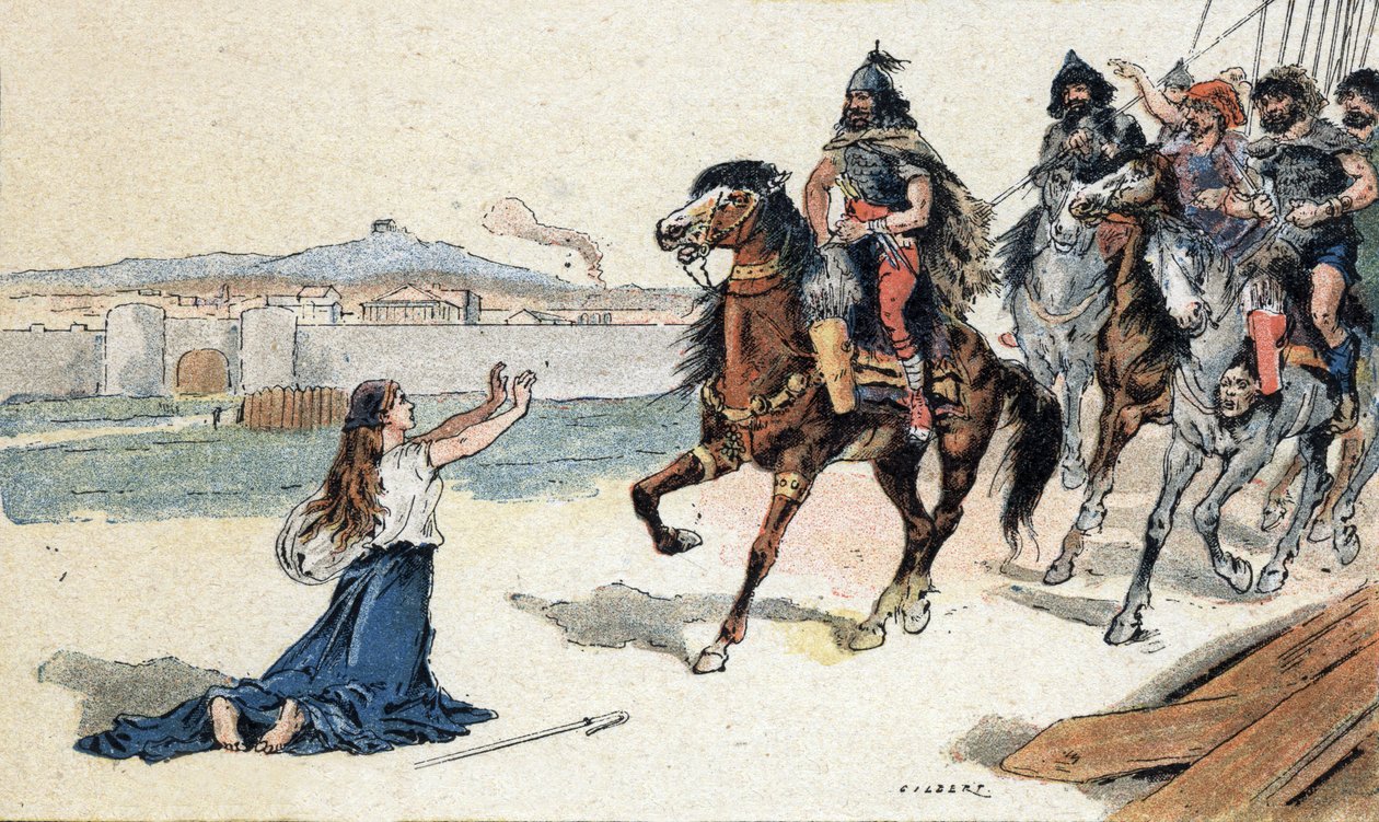Heilige Genoveva vor dem König der Hunnen Attila - Barbarische Invasionen - Illustration von Camille Gilbert 1890 (Gravur) von Unbekannt