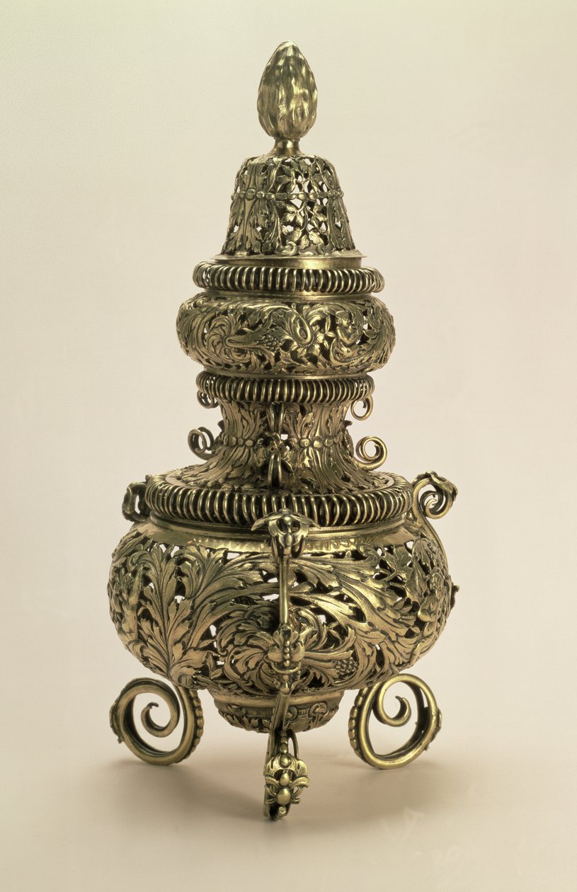 Vergoldetes Silber-Räuchergefäß mit Piqué-Arbeit, von Meister I.B., London von Unbekannt
