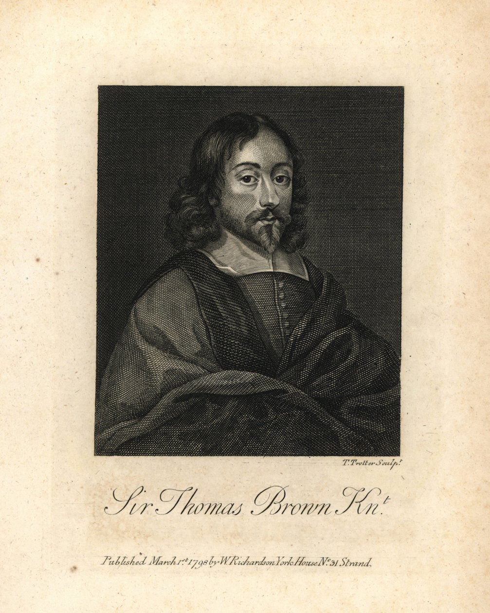 Sir Thomas Brown, englischer Universalgelehrter und Schriftsteller über Wissenschaft, Medizin, Religion und Esoterik, gestorben 1682. Kupferstich aus William Richards