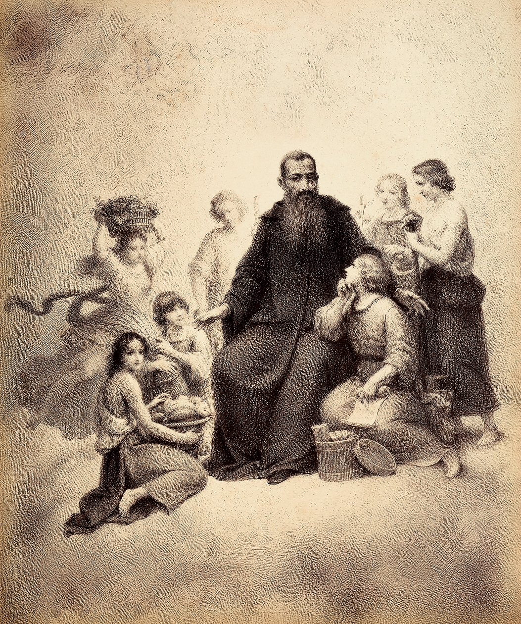 Der heilige Benedikt auf dem Thron ist umgeben von Jugendlichen mit Weizenbündeln und Obstkörben. Illustration des Canto XXXII in Paradiso aus der Göttlichen Komödie von Dante Alighieri. Werk von Francesco Scaramuzza, gewidmet der Gemeinde Florenz. von Unbekannter Künstler
