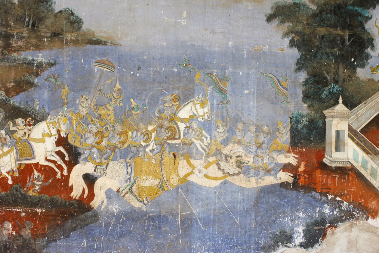 Diese Wandmalerei zeigt Szenen aus dem Reamker, der kambodschanischen Version des Ramayana, Phnom Penh, Kambodscha von Unbekannt