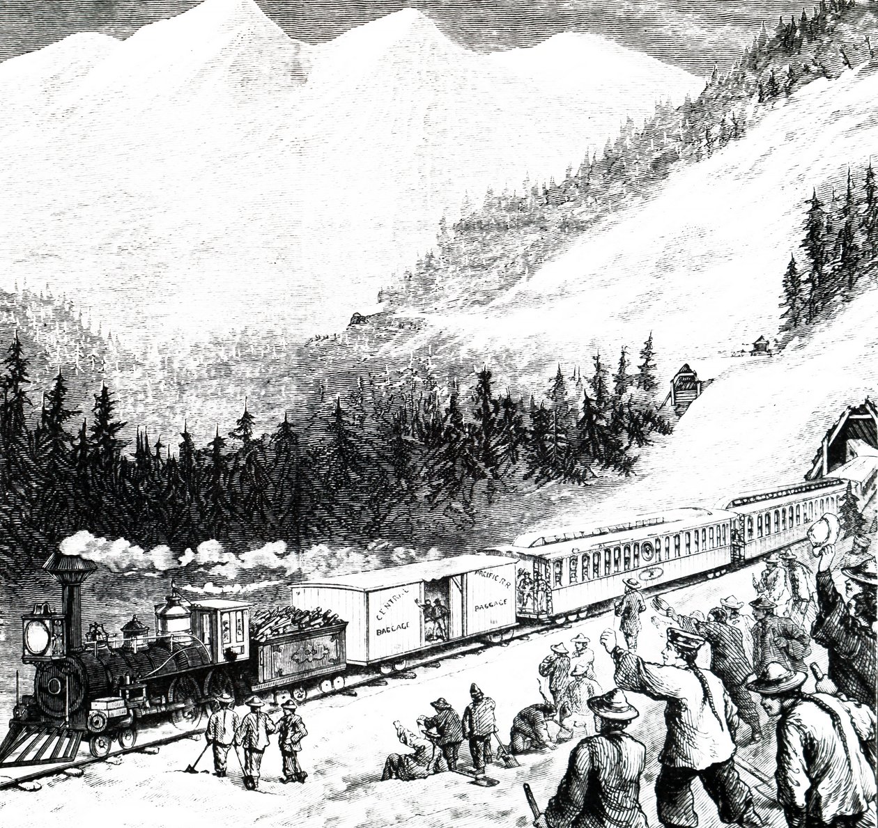 Die Pazifik-Eisenbahn in den Sierra Nevada-Bergen von Unbekannt
