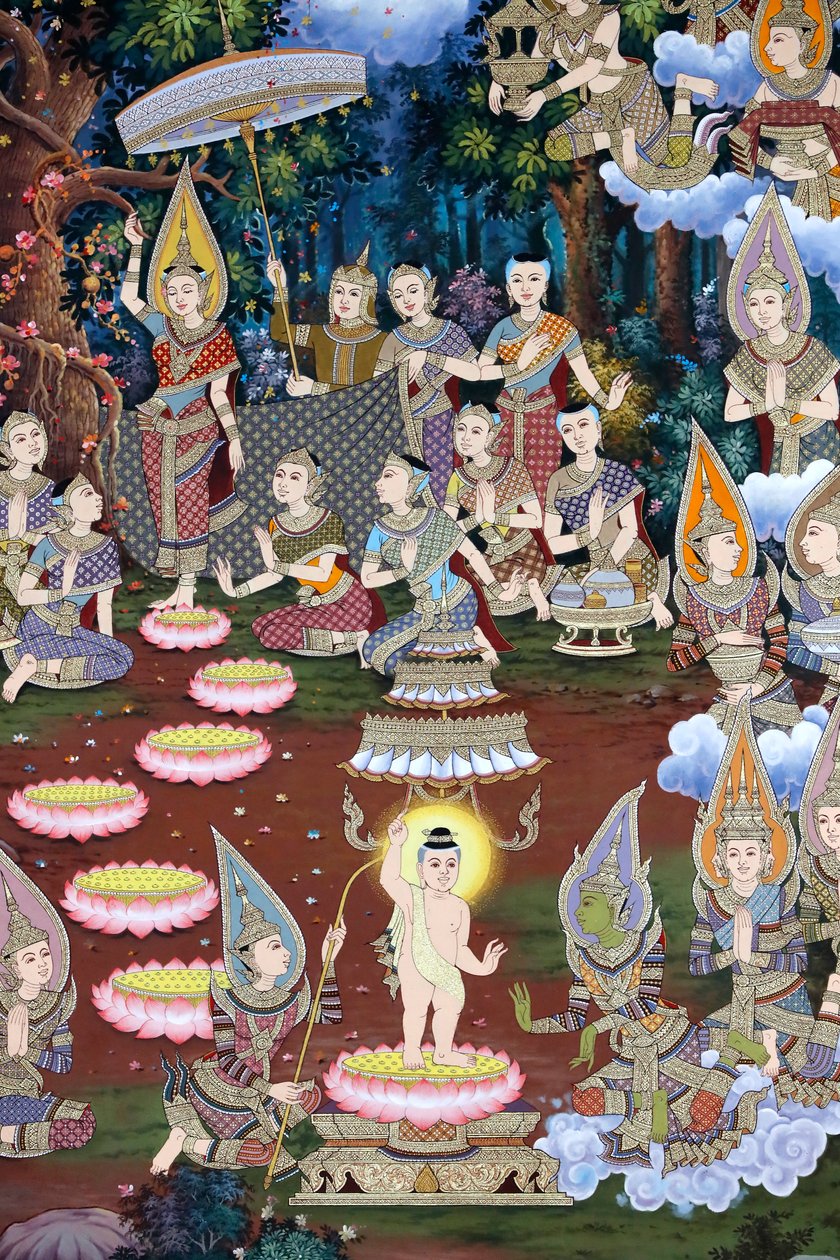 Die Geburt des Säuglings Siddhartha, Wandfresko, Wat Maniratanaram Kloster, Phnom Penh, 2022 (Foto) von Unbekannter Künstler