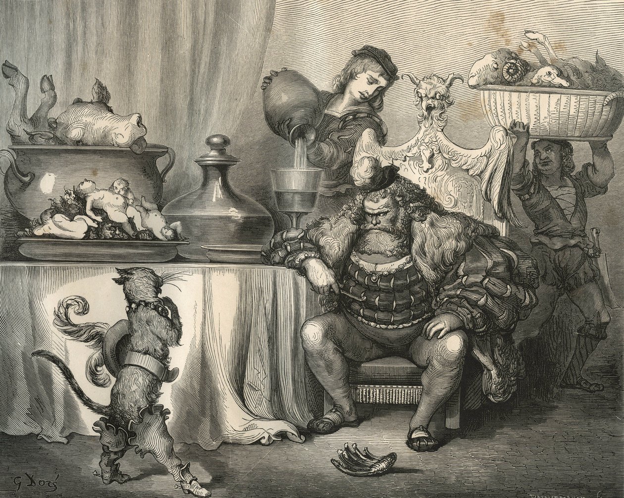 Der gestiefelte Kater trifft den Oger. Gravur von Gustave Doré (1832-1883) aus „Les contes“ von Charles Perrault (1628-1703) von Unbekannt