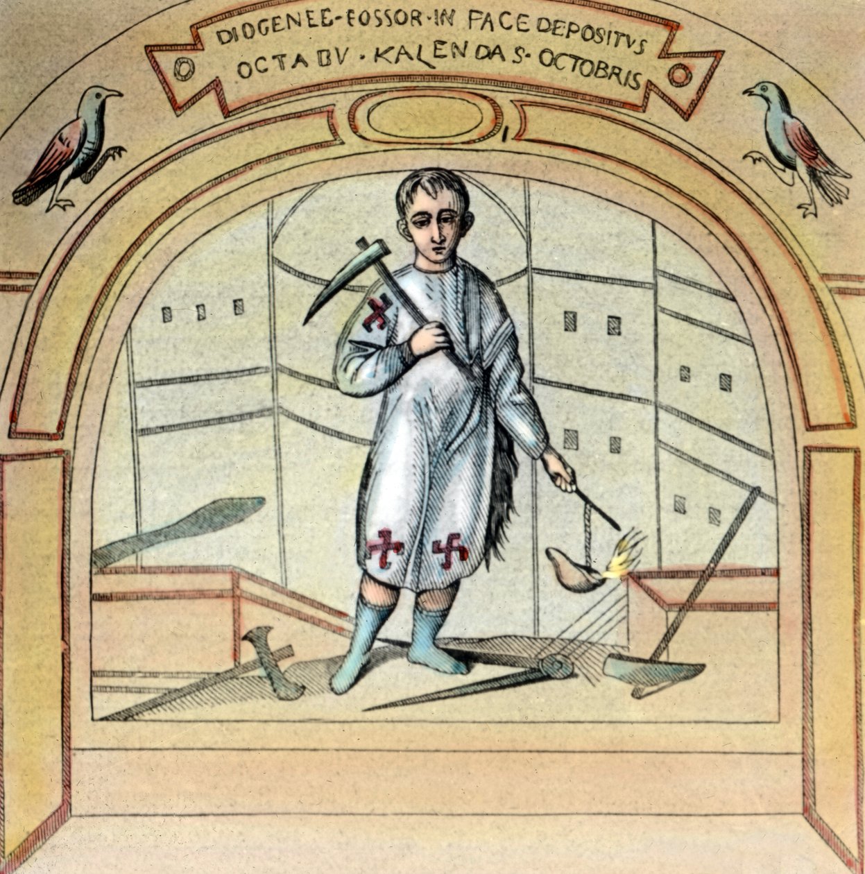 Der Fossor oder Totengräber Diogenes als Wandmalerei in der St. Marcellino Kirche in der Via Labicana in Rom, Italien, 1920er Jahre von Unbekannter Künstler