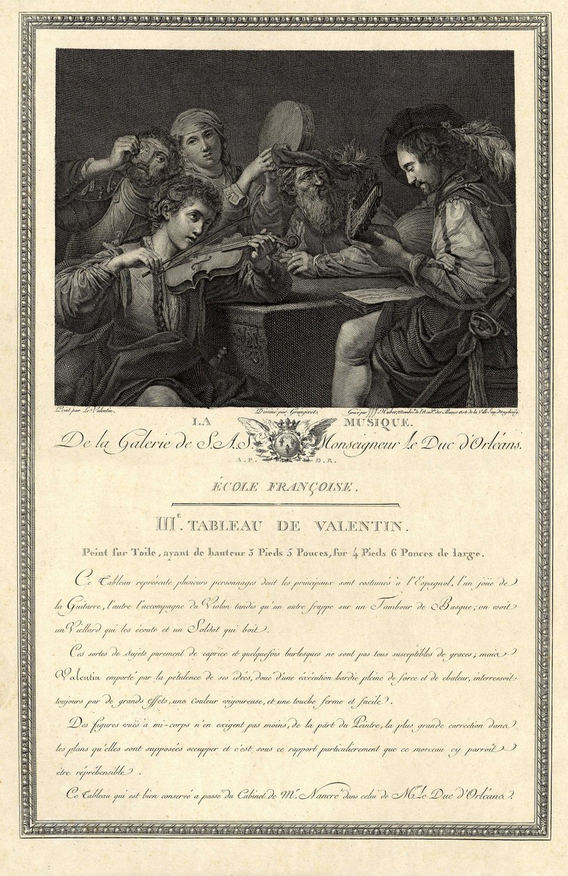 Die Musik. Gravur der Galerie Seiner Exzellenz des Herzogs von Orléans nach einem Gemälde des Malers Le Valentin von Unbekannter Künstler