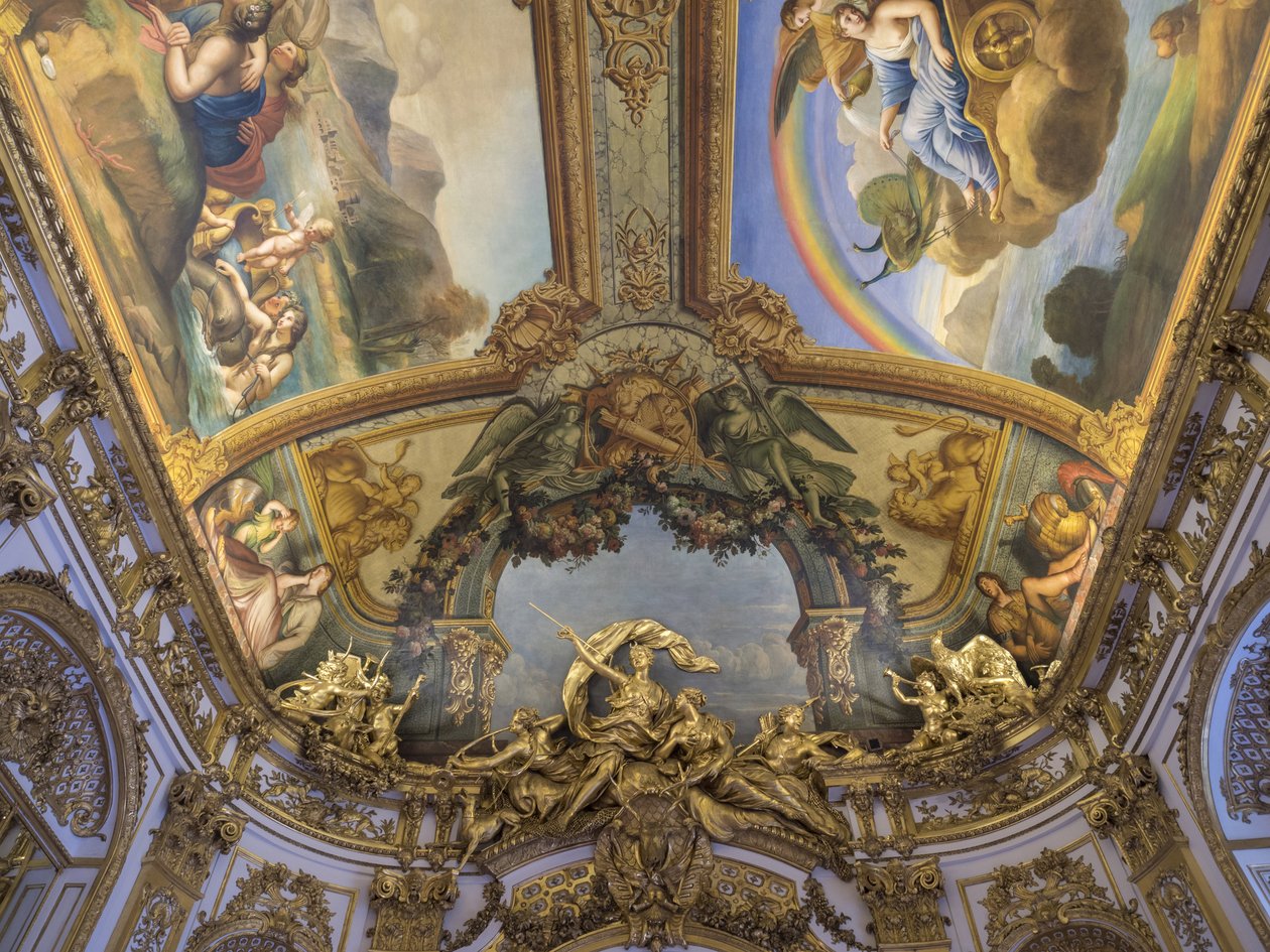 Die Trophäe der Diana Chasseresse, eine Gruppe, die von der Tür der Galerie doree von François Antoine Vasse (1681-1736) um 1715 geschnitzt wurde. Banque de France. Hôtel de Toulouse, ehemaliges Hôtel de la Villiere, Paris - Hôtel de Toulouse, Hauptsitz de von Unbekannt