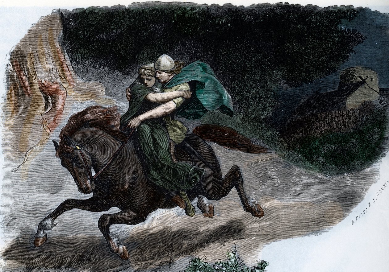 Der Kriegsherr des germanischen Stammes der Cherusker Arminius (Hermann) (18 v. Chr. - 21 n. Chr.) entführt Thusnelda (Gravur aus „Germania“ von Johannes Scherr 1880). von Unbekannter Künstler