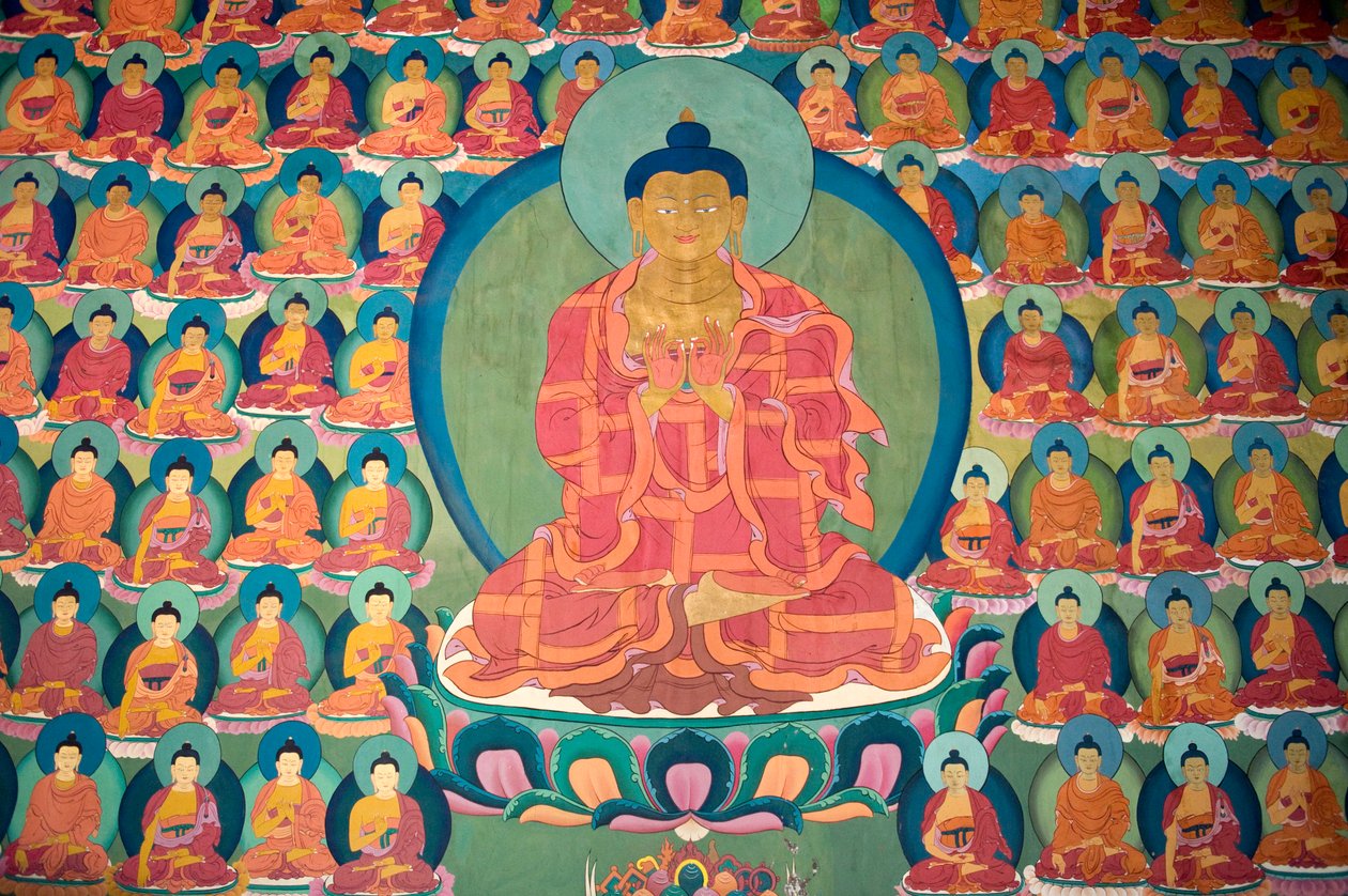 Tibetischer Buddhismus; Wandmalerei; meditierender Buddha; viele kleine Buddhas; Chemre Gompa Kloster; Chemrey; Ladakh Region; Jammu und Kaschmir; Indien; Südasien; Asien von Unbekannt