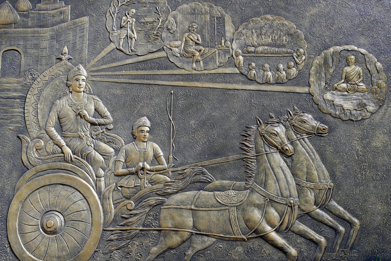 Tinh Xa Ngoc Chau buddhistischer Tempel, Das Leben des Buddha, Siddhartha Gautama, Prinz Siddhartha bat einen Wagenlenker, ihn auf eine Reihe von Fahrten durch das Land mitzunehmen, Chau Doc, Vietnam, 2018 (Foto) von Unbekannt