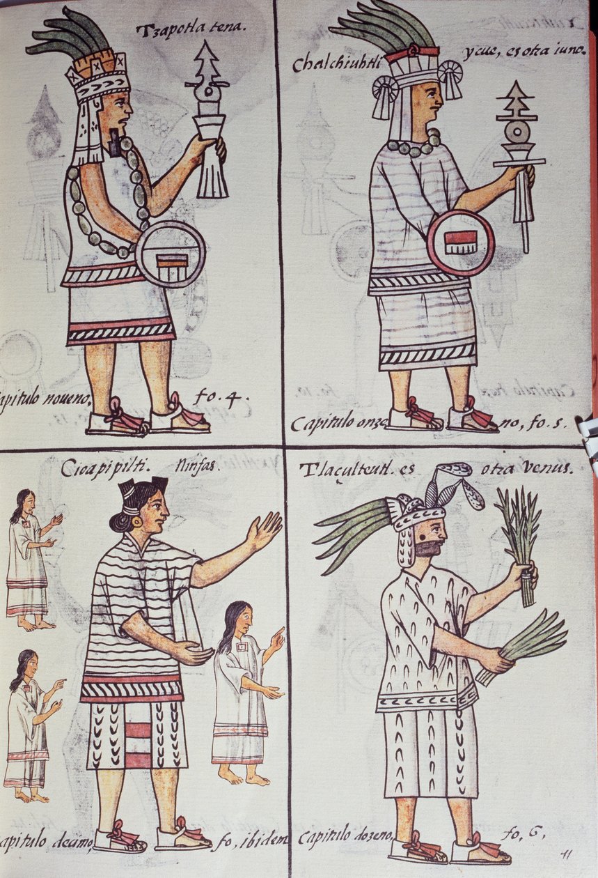 Tzapotlatena, Chalchiuhtlatonal, Cioapipitli und Tliltecuhtli, Florentiner Kodex, zweisprachige Version in Spanisch und Nahuatl, Allgemeine Geschichte der Dinge von Neuspanien von William M. Timlin