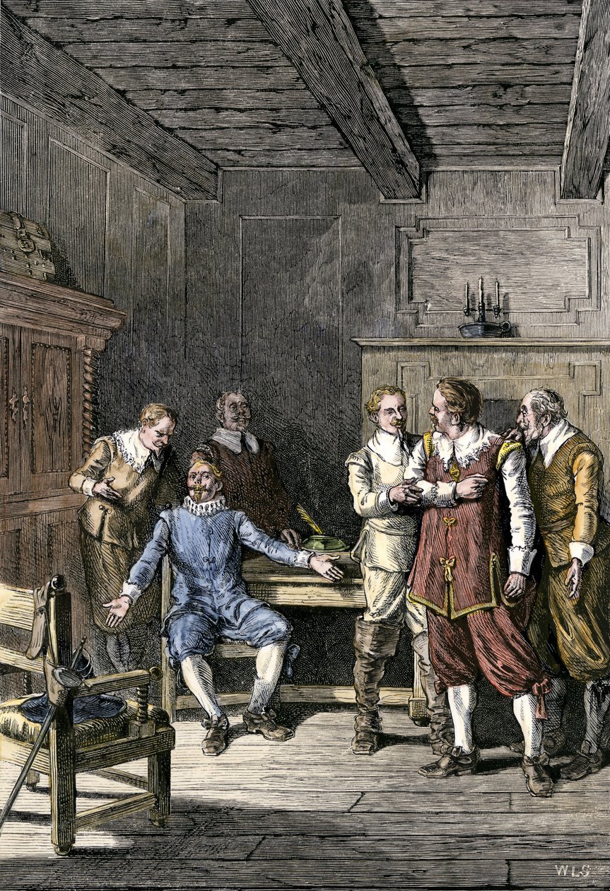 Vereinigte Staaten, Massachusetts: Streit zwischen John Winthrop (1588-1649) und Thomas Dudley (1576-1653) in der Massachusetts Bay Colony. Farbgravur aus dem 19. Jahrhundert von Unbekannter Künstler