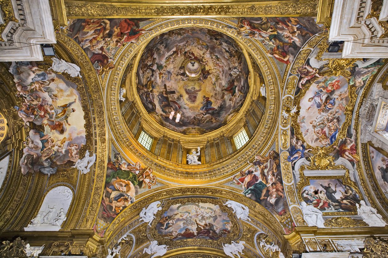 Ansicht der Kuppel, der Pendentifs, der Gewölbe des Querschiffs und des Vorchors mit Fresken von Baciccia, Kirche des Gesù, Rom, Italien von Unbekannter Künstler