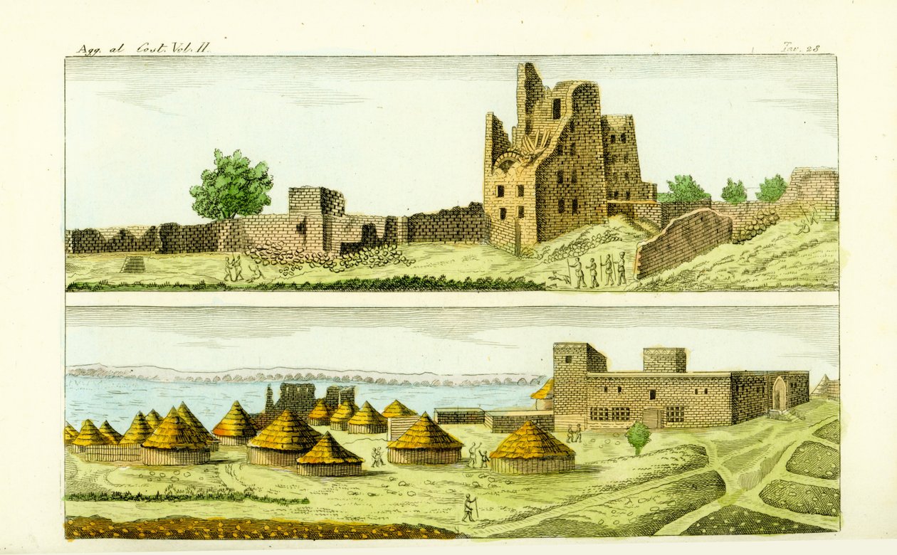 Ansicht der Moschee und Häuser in Sennar, Sudan (unten), und die Ruinen des Hauses des Funj-Königs von Sennar (oben) am Blauen Nil von Unbekannt
