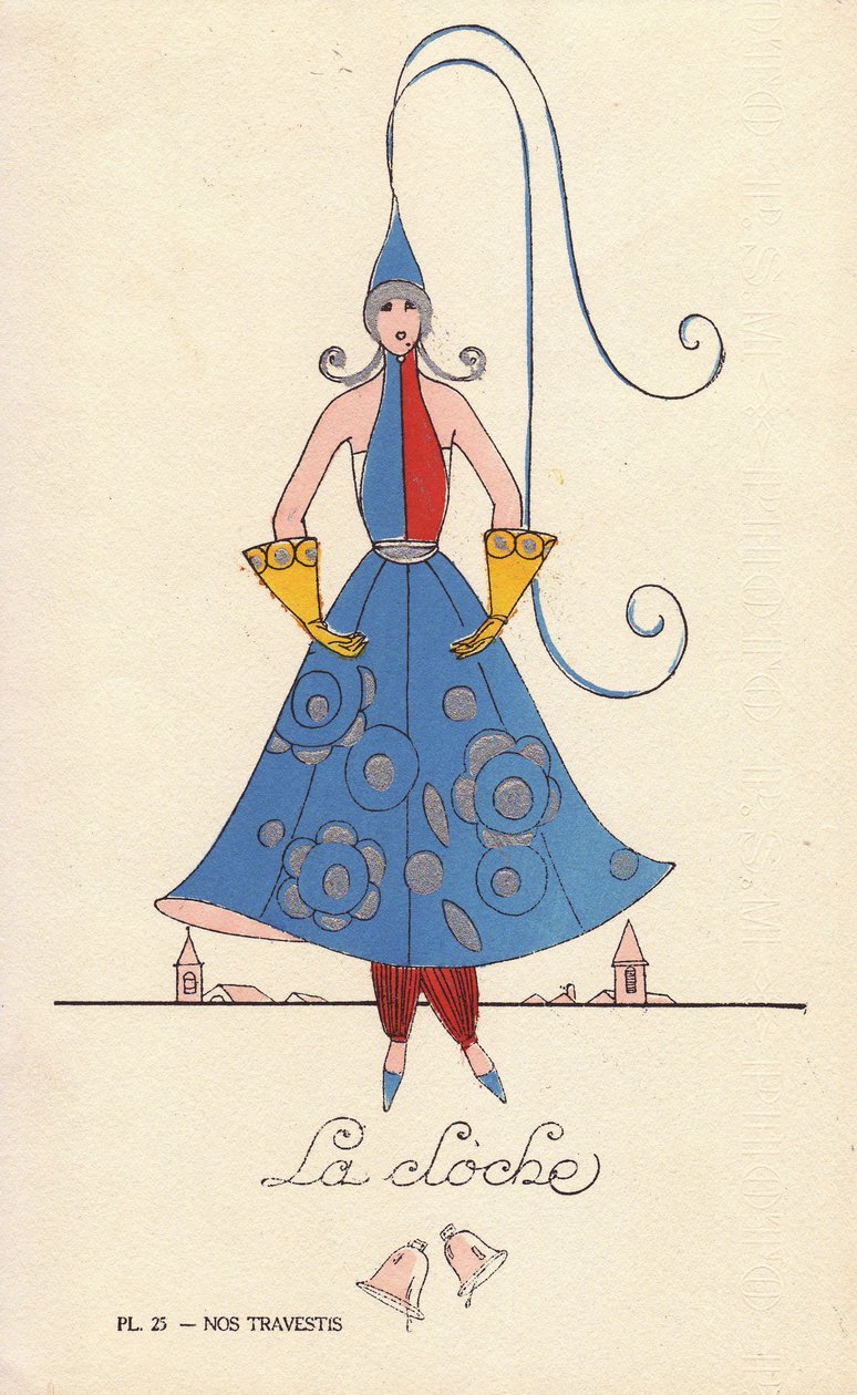 Frau im Glocken-Fantasiekostüm, la bell, mit glockenförmigem Hut, Kleid und Handschuhen und Glockentürmen im Hintergrund. Lithographie von unbekanntem Künstler mit Schablonenhandkolorierung aus Nos Travestis (Unsere Fantasiekostüme), Paris von Unbekannter Künstler