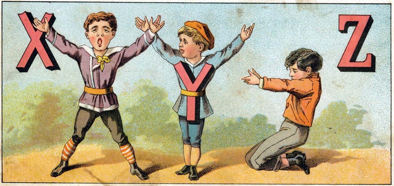 Buchstaben X Y und Z nach Körperhaltung imitiert. Gravur in „Alphabet des petits écoliers“. Bild von Epinal, um 1885. Private Sammlung von Unbekannt