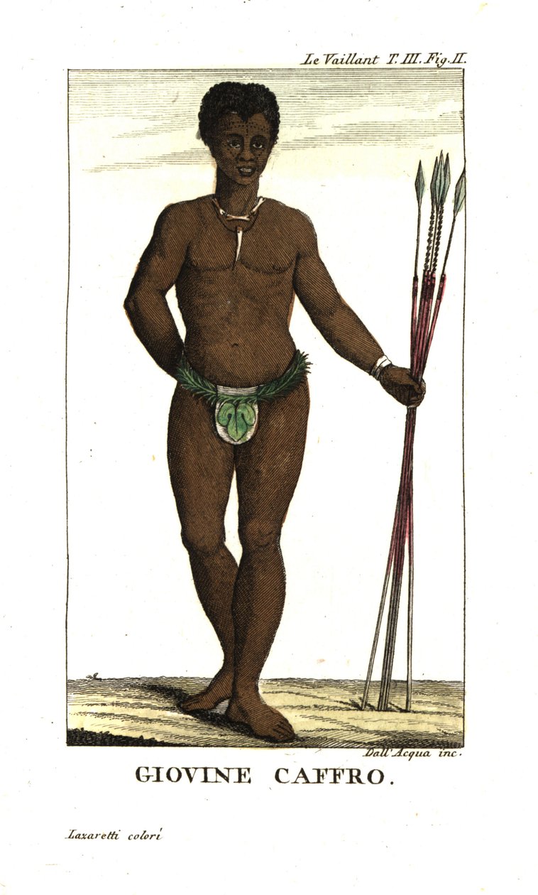 Junger San-Mann mit Speeren, Südafrika. Von Francois Le Vaillant von Unbekannter Künstler