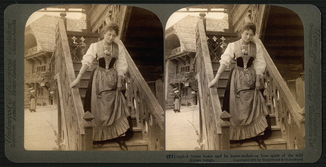 Stereoskopische Karte, die eine junge Schweizerin in traditioneller Tracht zeigt, ca. 1900 von Underwood and Underwood